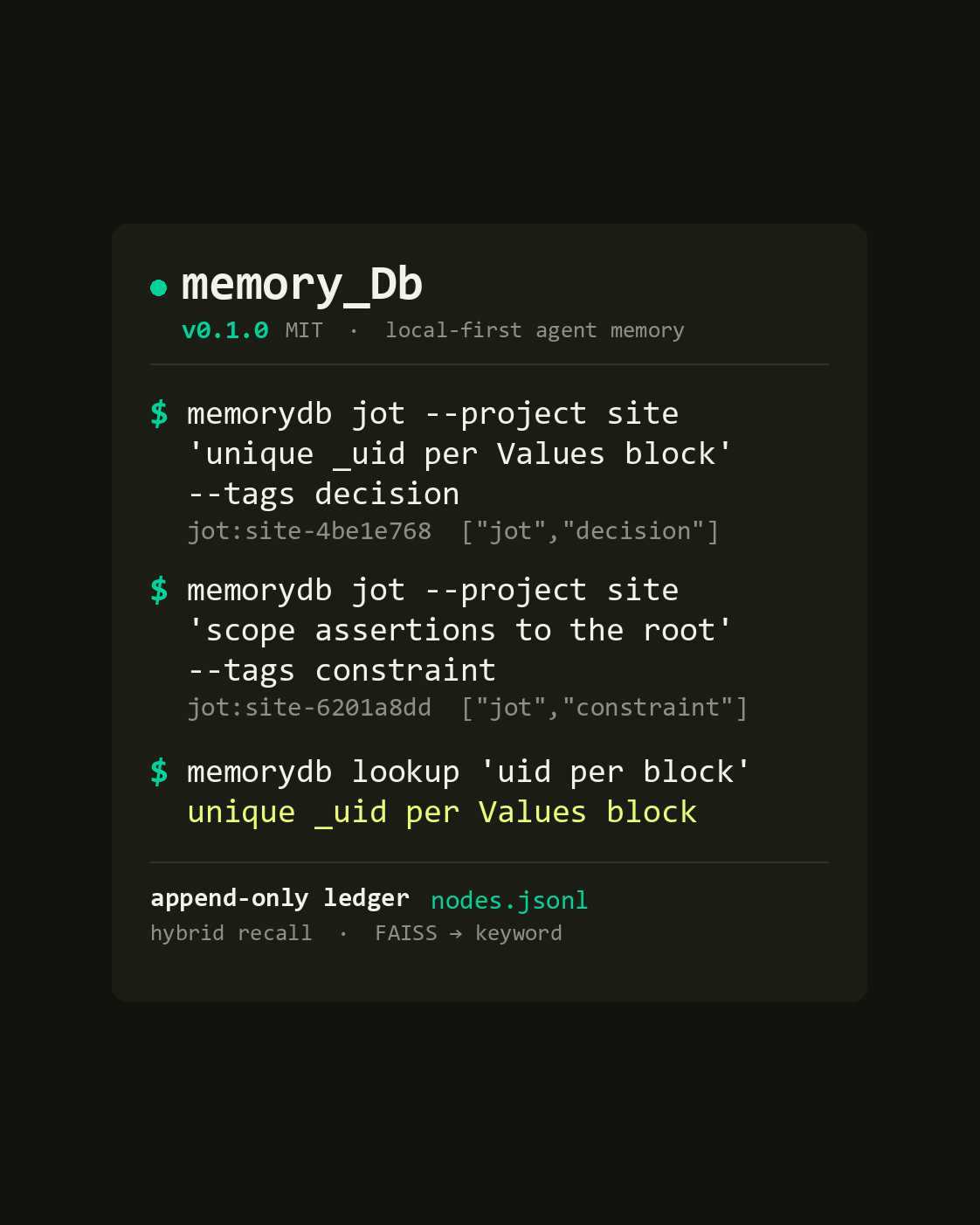 A memory_Db session storing and recalling project notes